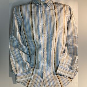 PX clothing Mens casual button long sleeve blue tan striped shirt L